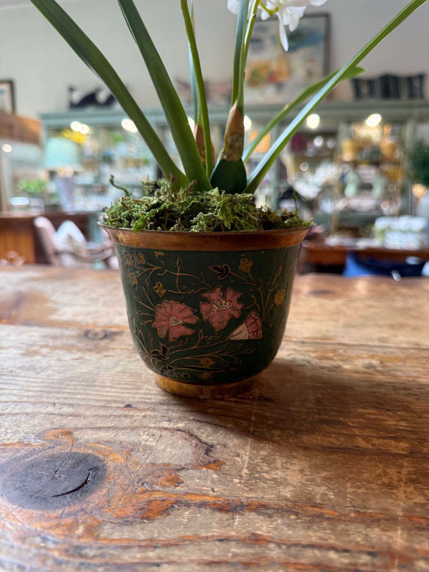 Faux Orchid Vintage Brass Planter