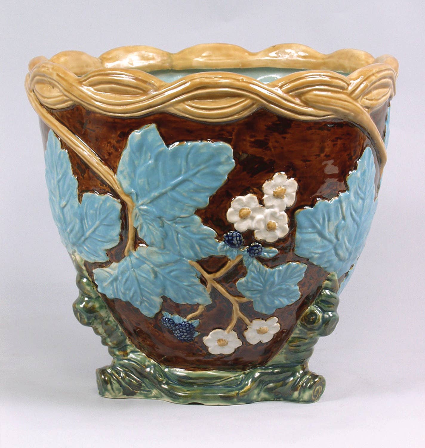 Hand Painted Majolica Style Planter, Berries on Vine Design