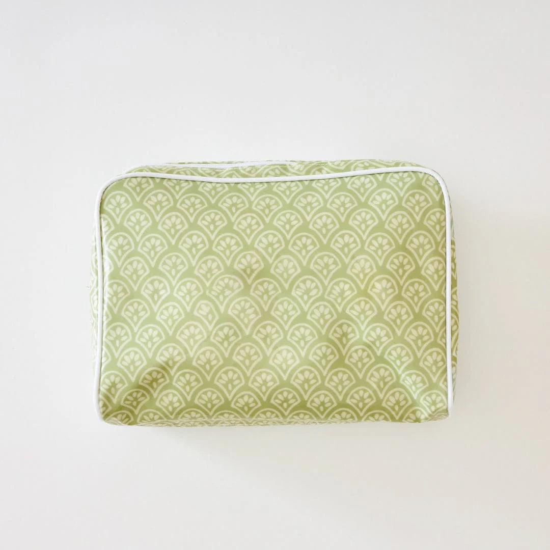 Large Patterned Toiletry Bag - Green Block Print