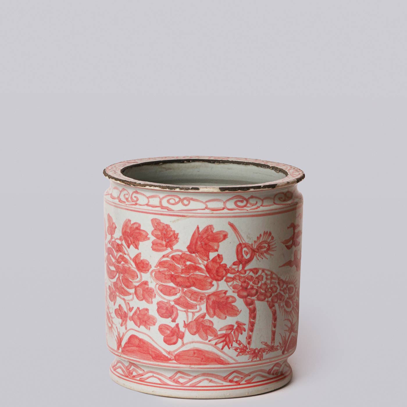 Rustic Peacock Red and White Porcelain Cachepot
