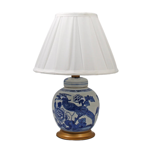 Blue & White Flower Bird Porcelain Mini Jar Lamp w/Gold Base