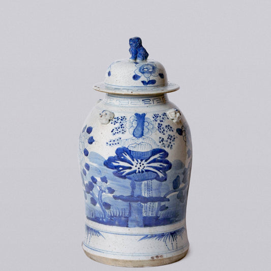 Blue and White Four Seasons Porcelain Temple Jar