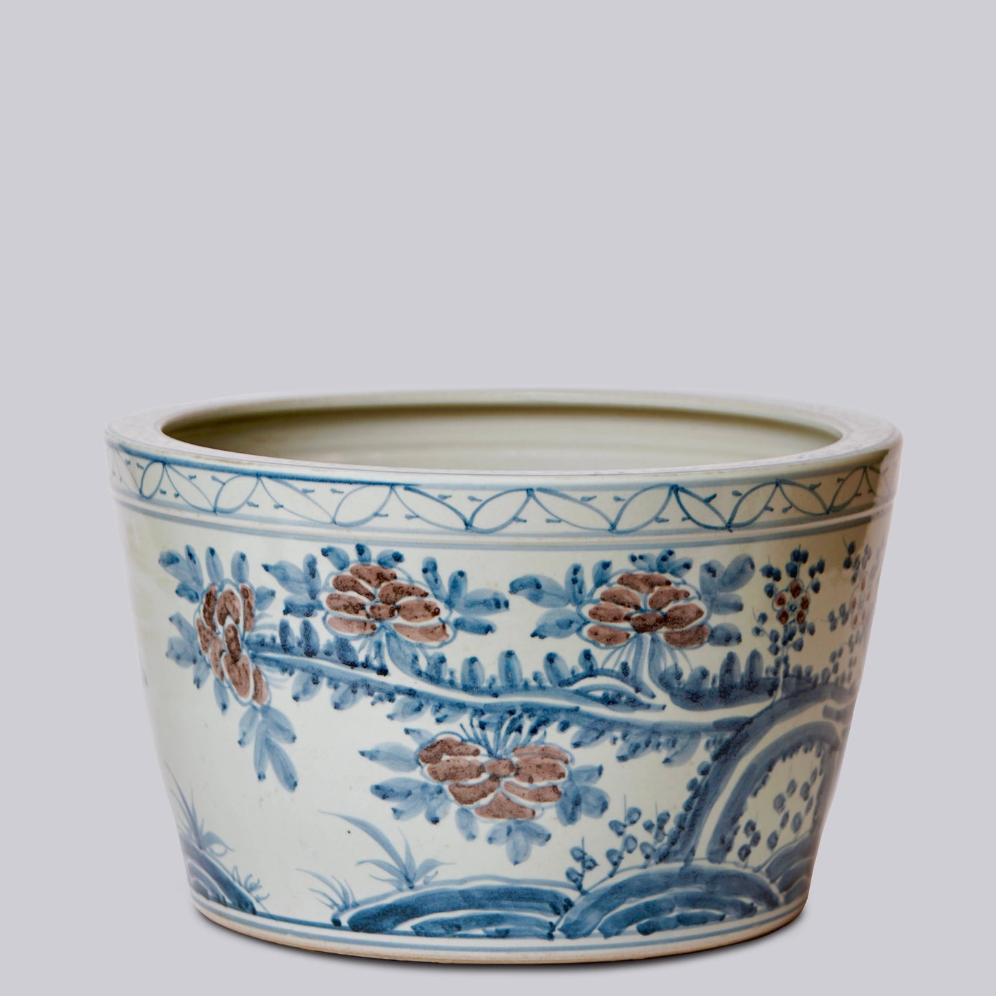 Large Floral Blue & Red Porcelain Planter