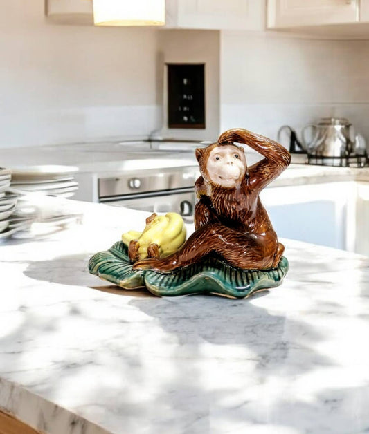 Majolica Style Monkey & Banana Figurine