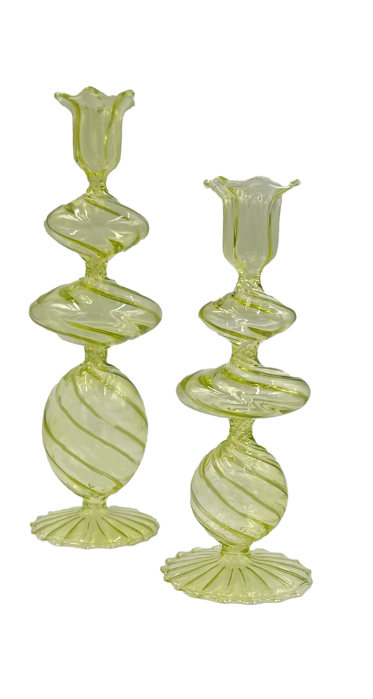 Green Swirl Glass Candlestick, Medium