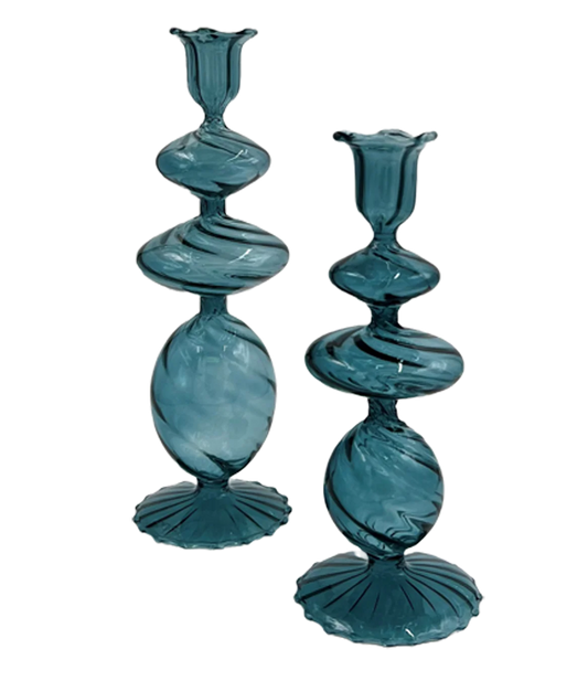 Blue Swirl Glass Candlestick, Large, Set of 2