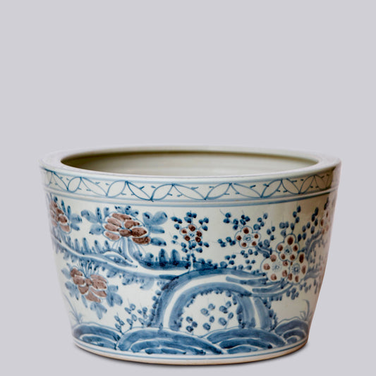 Large Floral Blue & Red Porcelain Planter