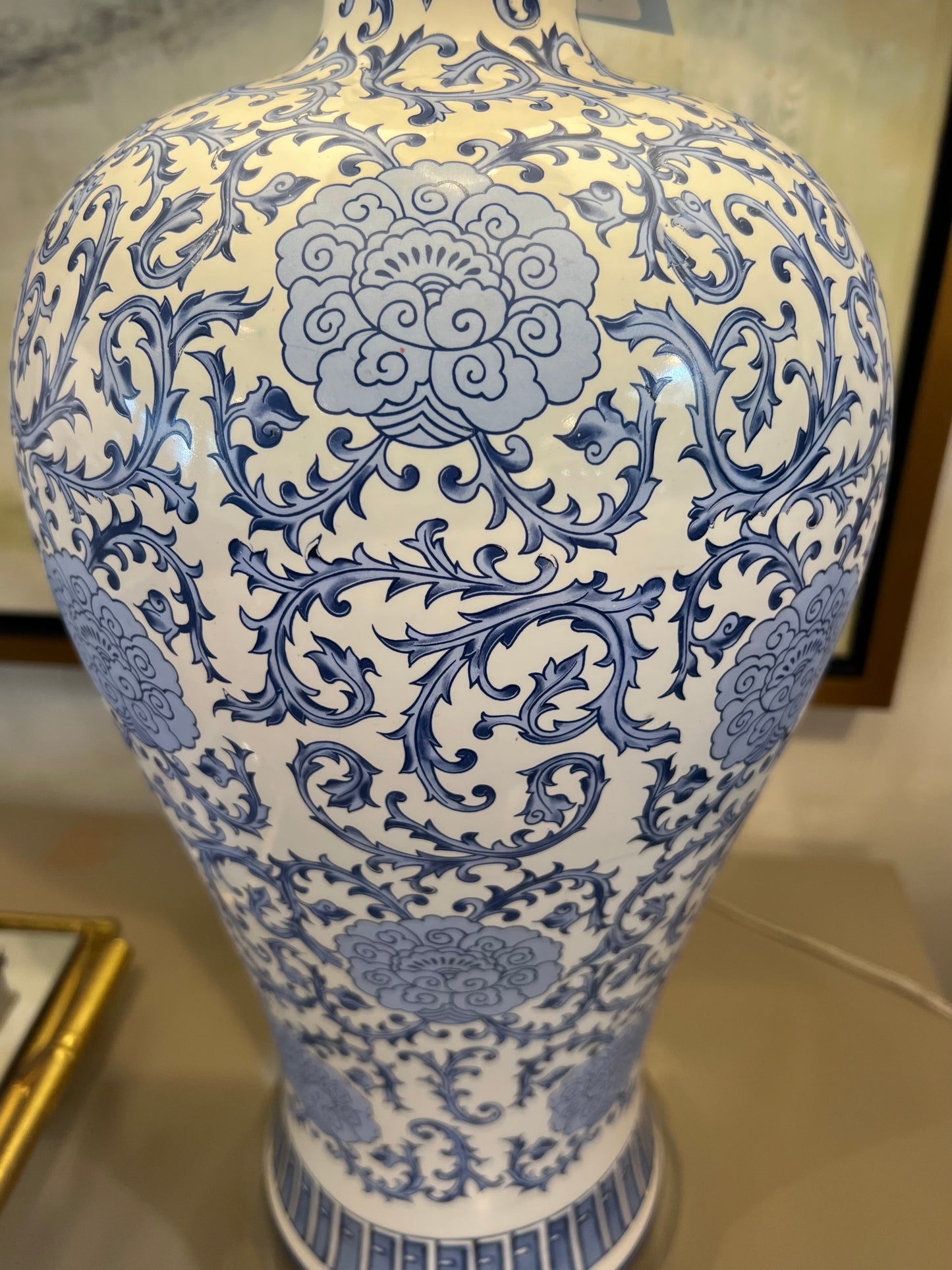 Blue & White Porcelain Lamp with Green Pleated Shade