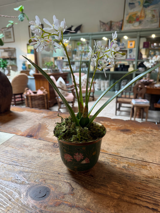 Faux Orchid Vintage Brass Planter
