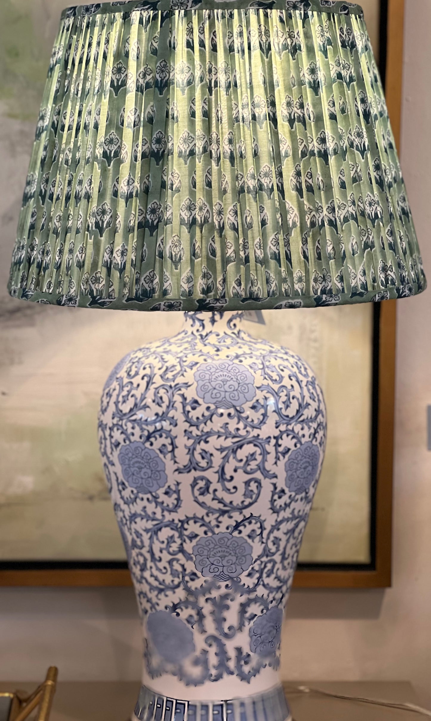 Blue & White Porcelain Lamp with Green Pleated Shade