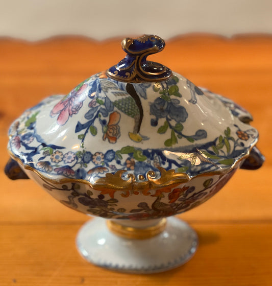 Antique Floral Porcelain Lidded Bowl with Gold Trim
