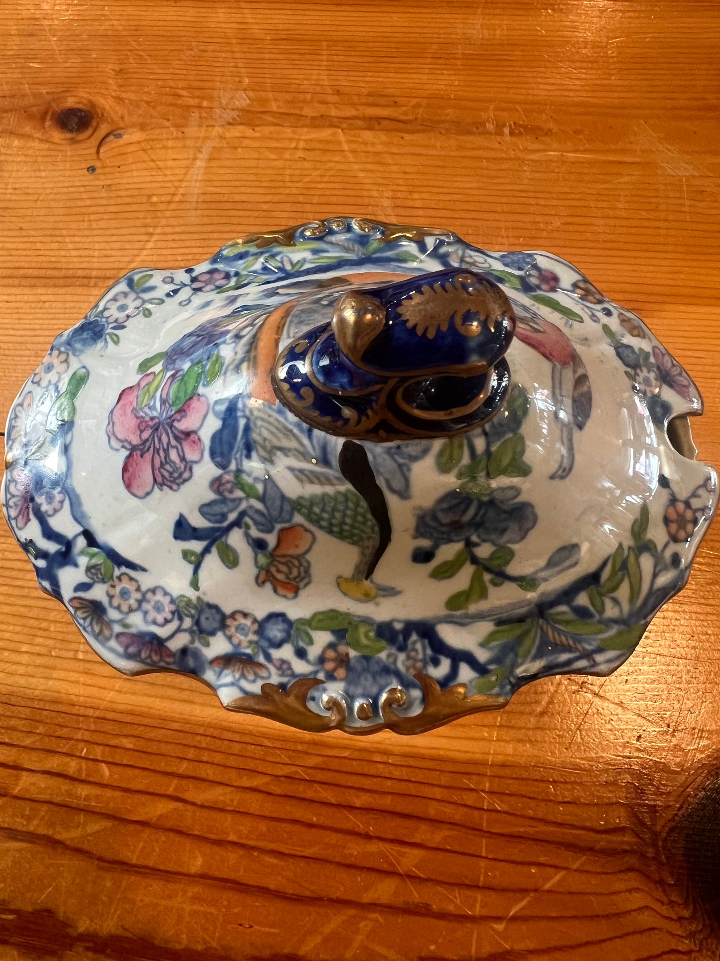 Antique Floral Porcelain Lidded Bowl with Gold Trim
