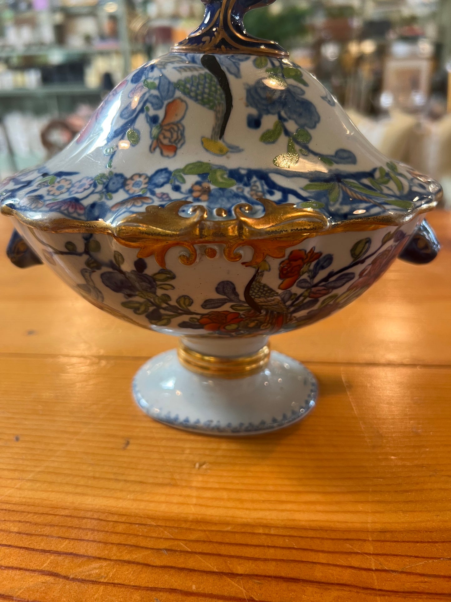Antique Floral Porcelain Lidded Bowl with Gold Trim