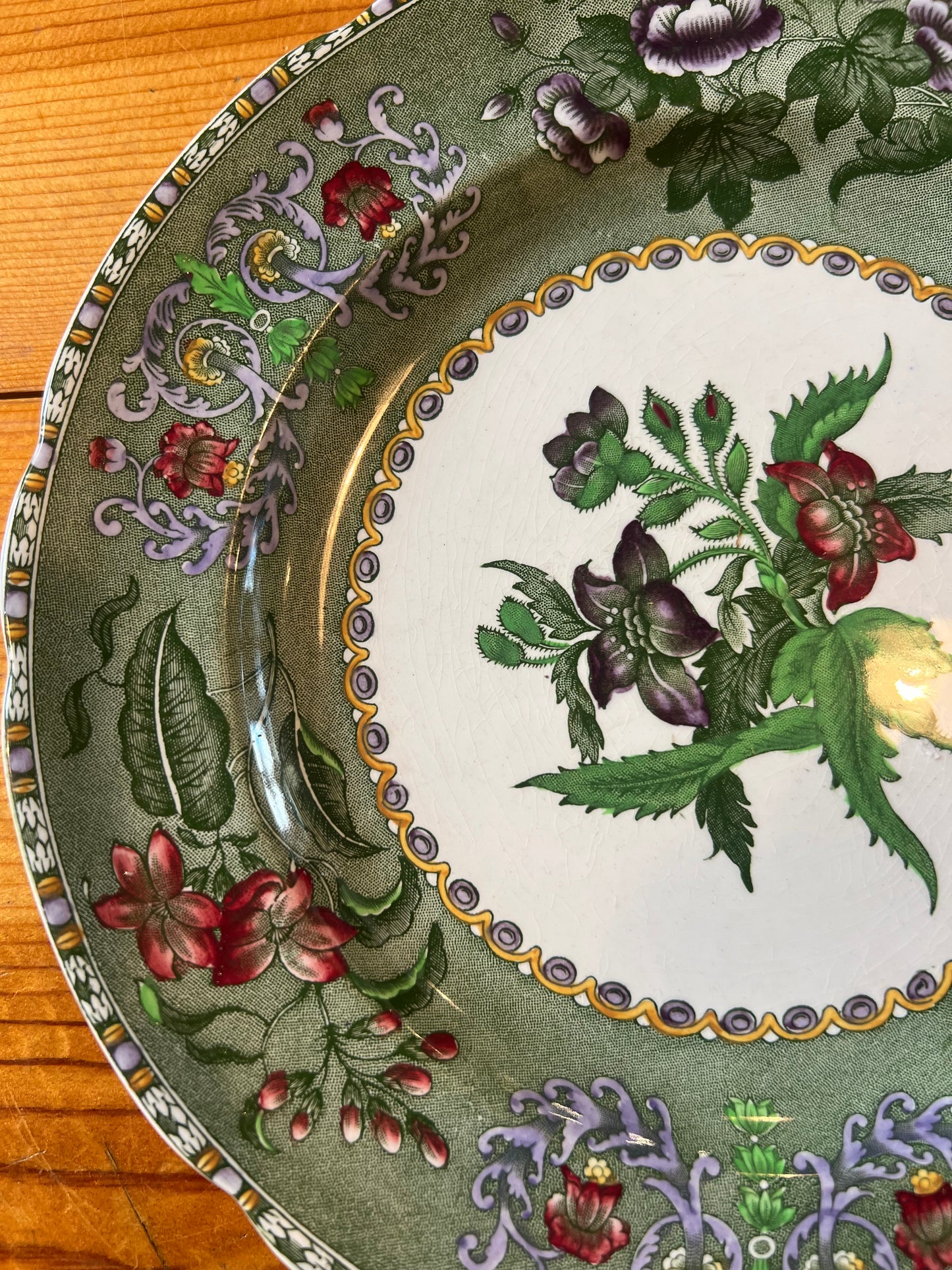 Green Antique Plate with Floral Design