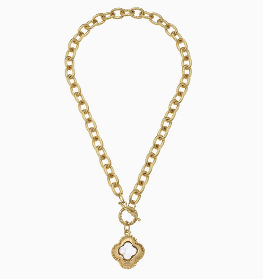 Handcast Gold Clover with Genuine Mother of Pearl Necklace