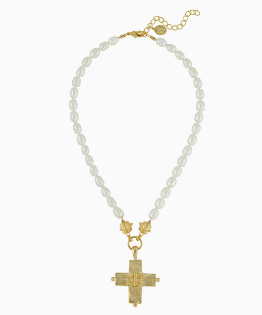 Gold Jerusalem Cross + Pearl Necklace