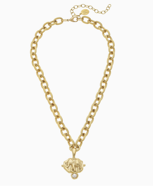 Gold Elephant Intaglio and Handset Pearl Chain Necklace