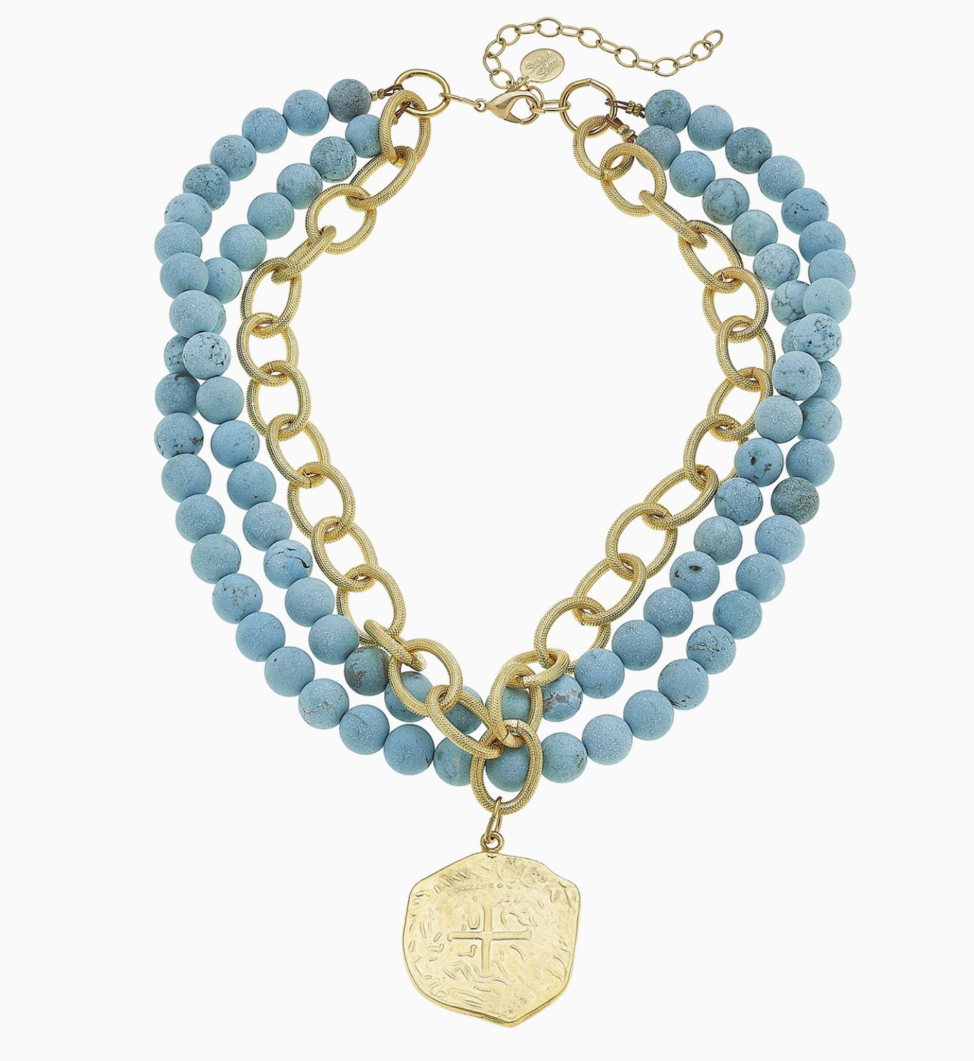 Gold Coin On 3 Row Genuine Matte Turquoise Necklace