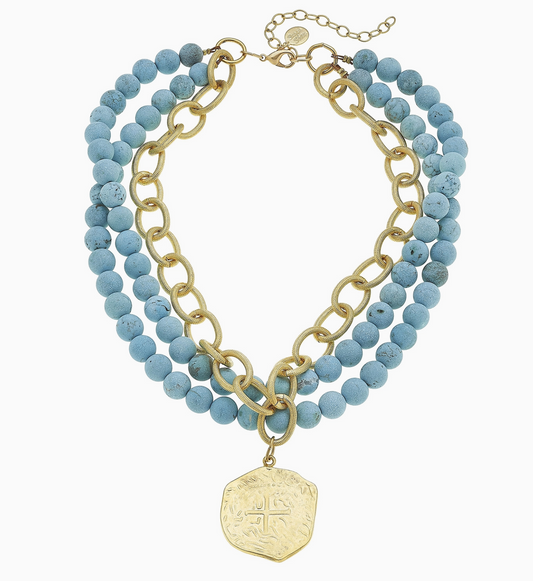 Gold Coin On 3 Row Genuine Matte Turquoise Necklace