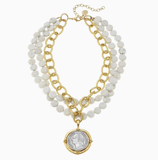Handcast Gold and Silver Coin On Gold Chain and Genuine Whit