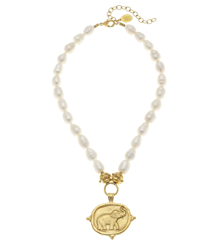 Gold Elephant Intaglio Pearl Necklace