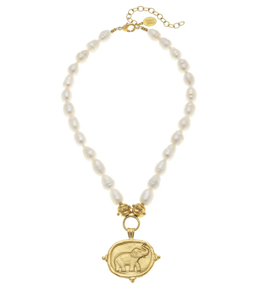 Gold Elephant Intaglio Pearl Necklace