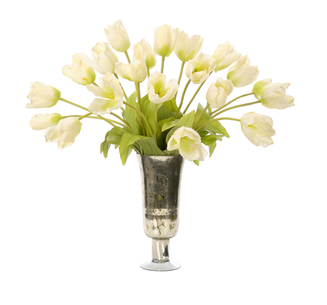 Green Tulip Faux Arrangement in Glass Vase, 30" H