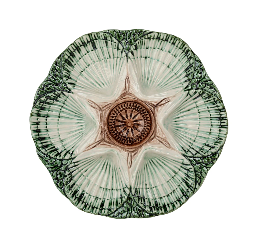 Oyster Plate, Green, Brown & Cream