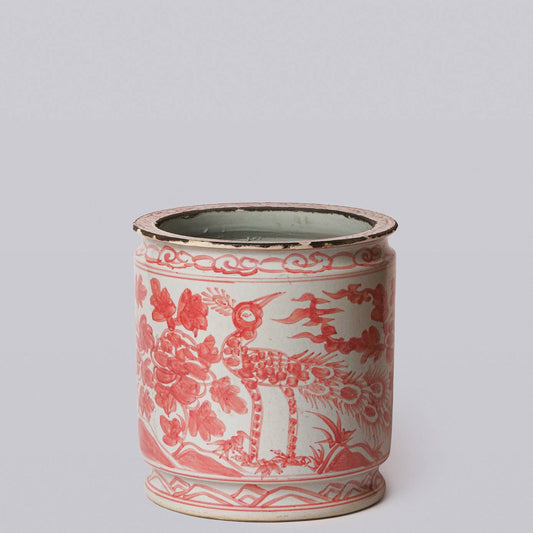 Rustic Peacock Red and White Porcelain Cachepot