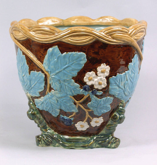 Hand Painted Majolica Style Planter, Berries on Vine Design