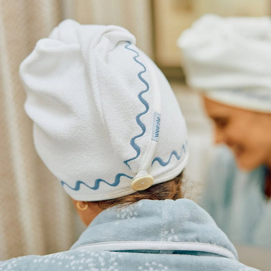 Weezie Hair Towel - French Blue Embroidered Wave