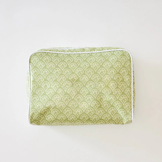 Large Patterned Toiletry Bag - Green Block Print